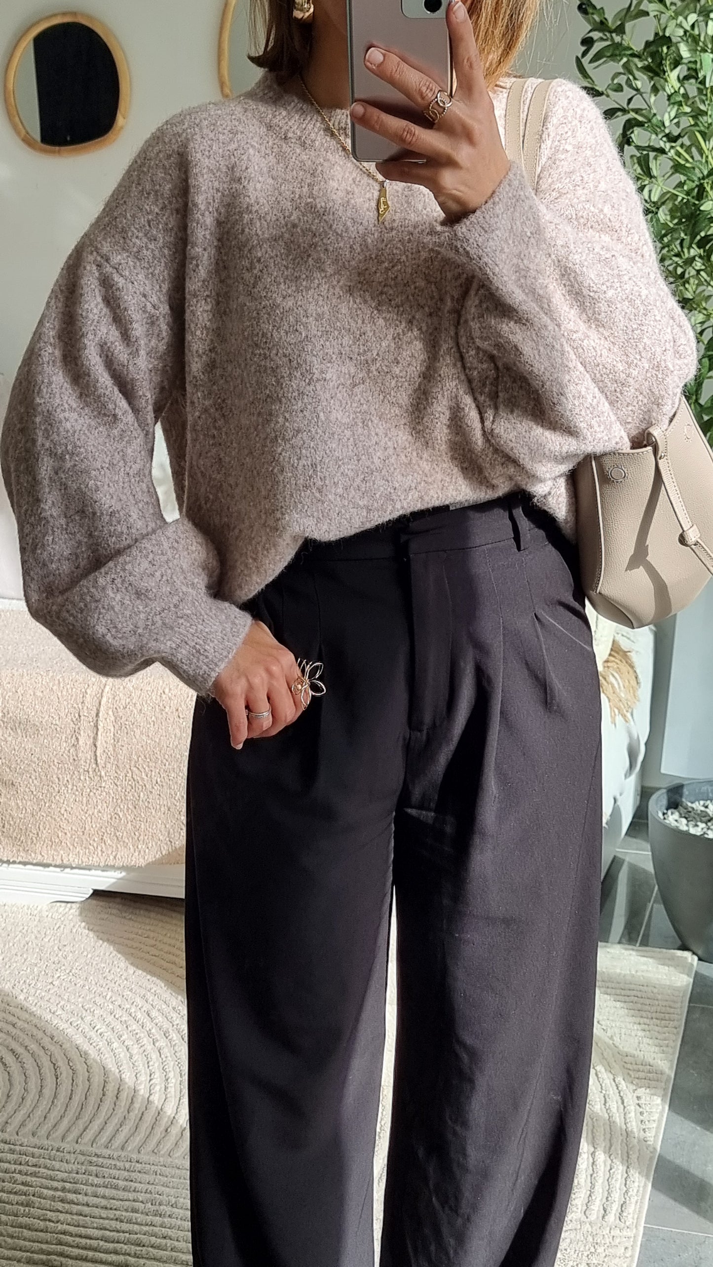 PULL LAINE COL ROND BEIGE