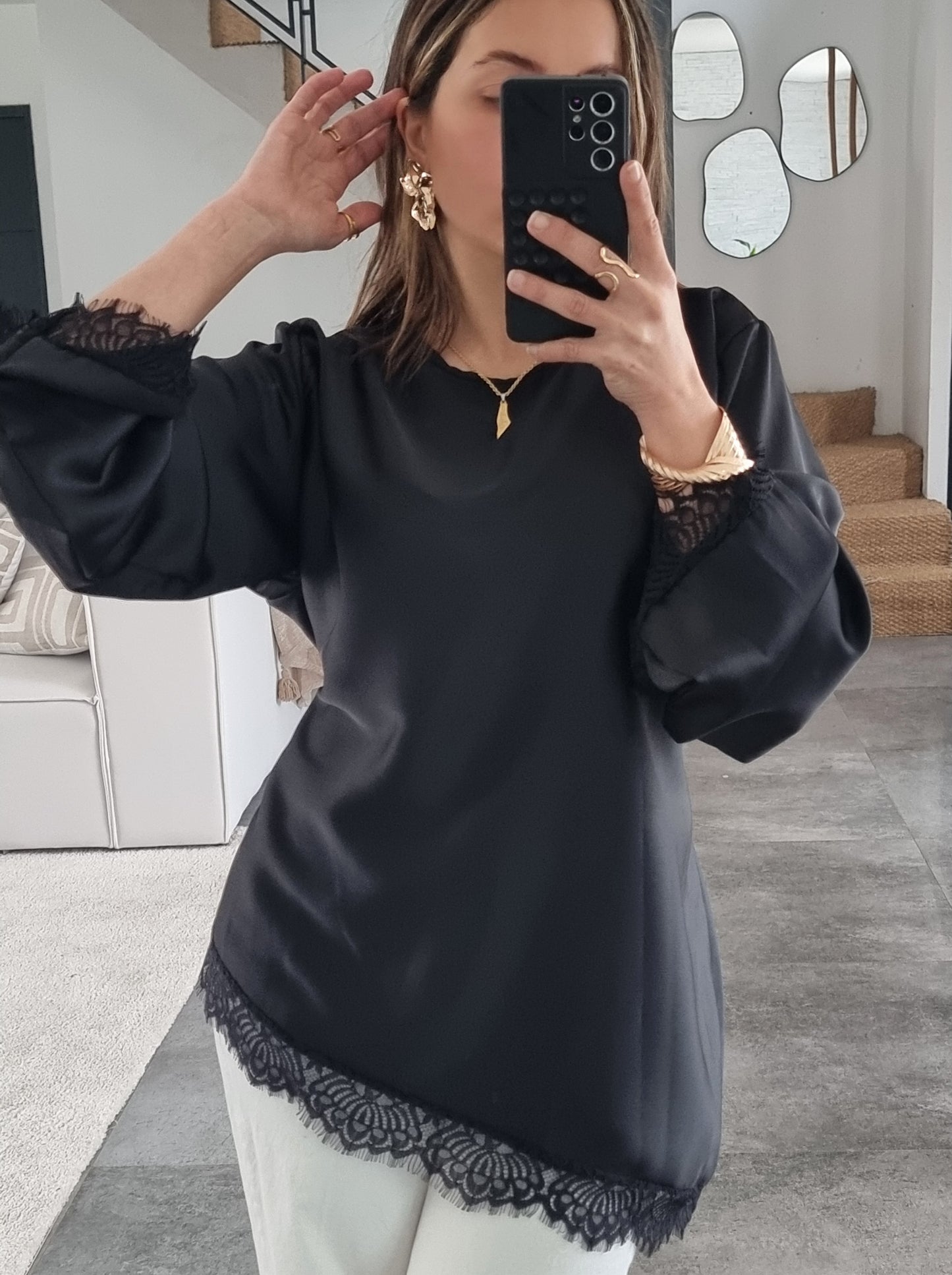 BLOUSE SATINÉE DENTELLE ASYMÉTRIQUE KAKI
