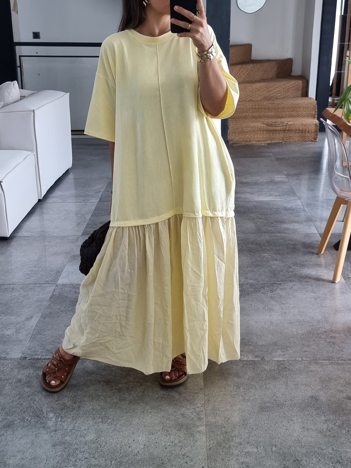 ROBE BI-MATIERE OVERSIZE MANCHES 3/4 JAUNE