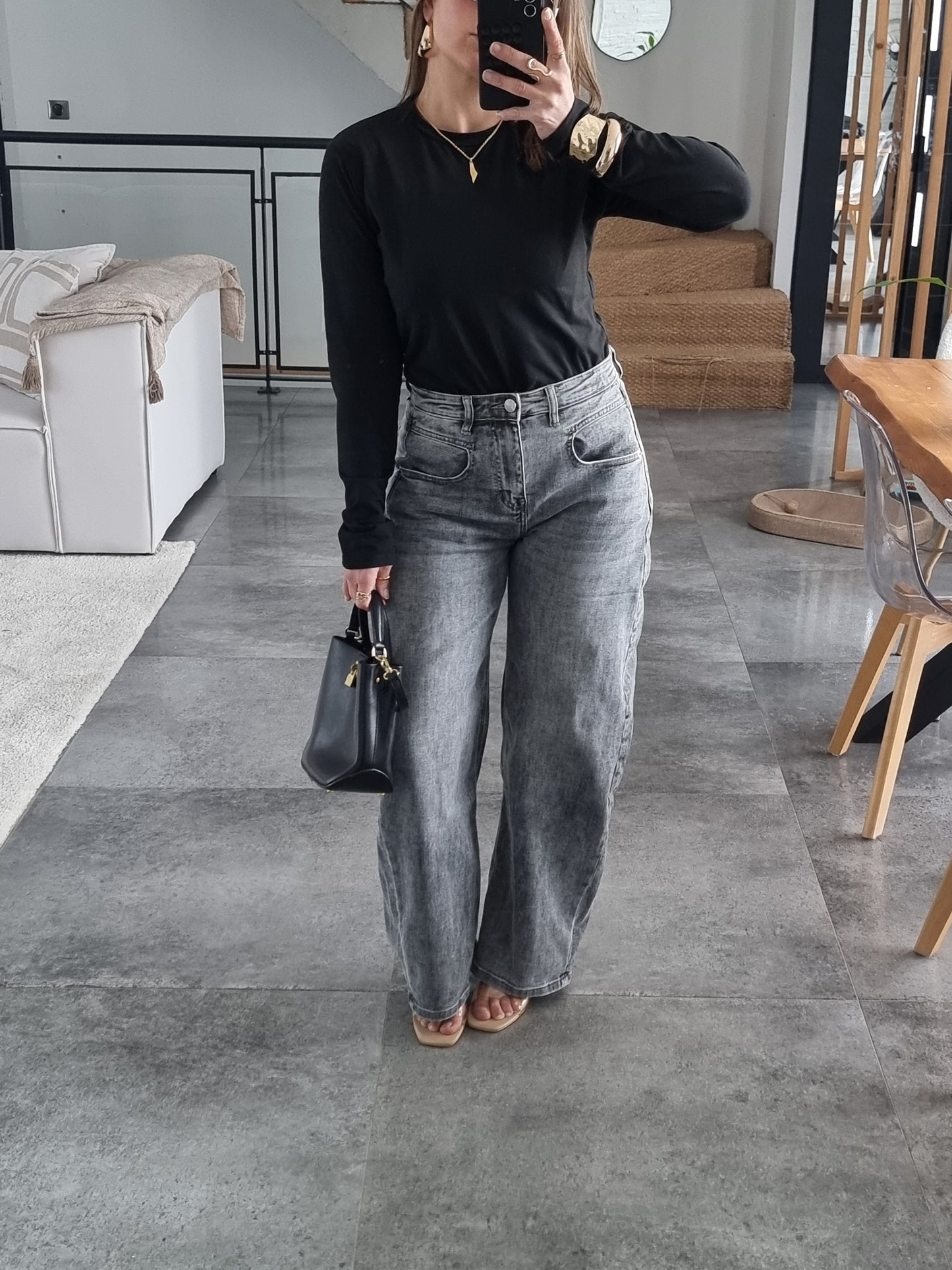 JEAN BARREL TAILLE HAUTE GRIS