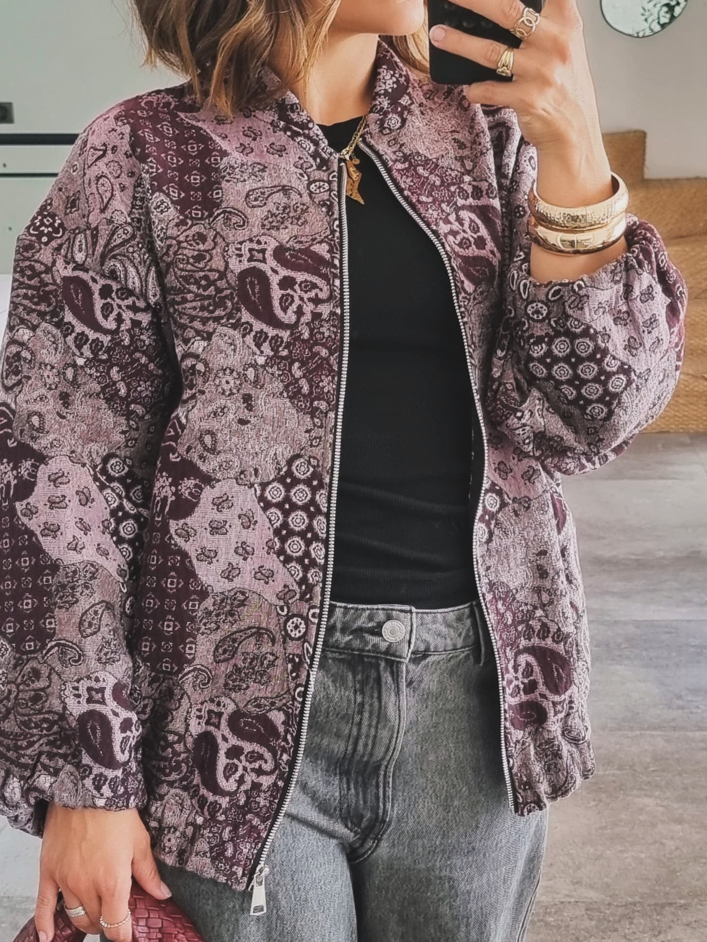 VESTE BOMBERS À MOTIF PRUNE