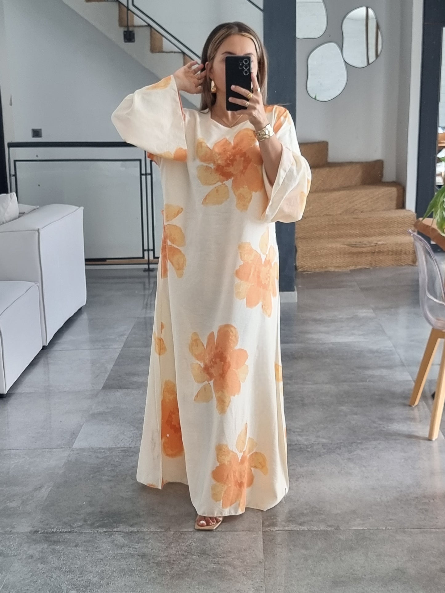 ROBE FLEURIE ORANGE EFFET LIN