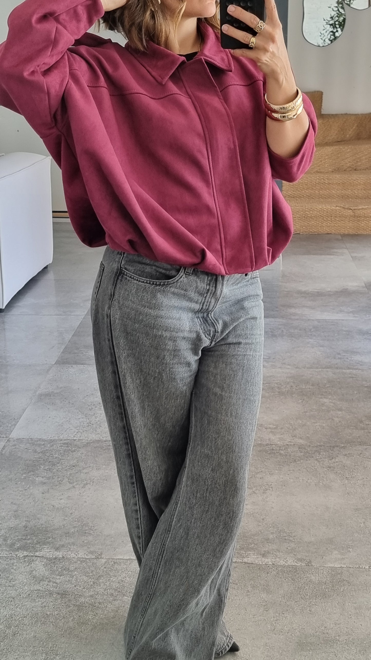 VESTE EFFET DAIM BORDEAUX