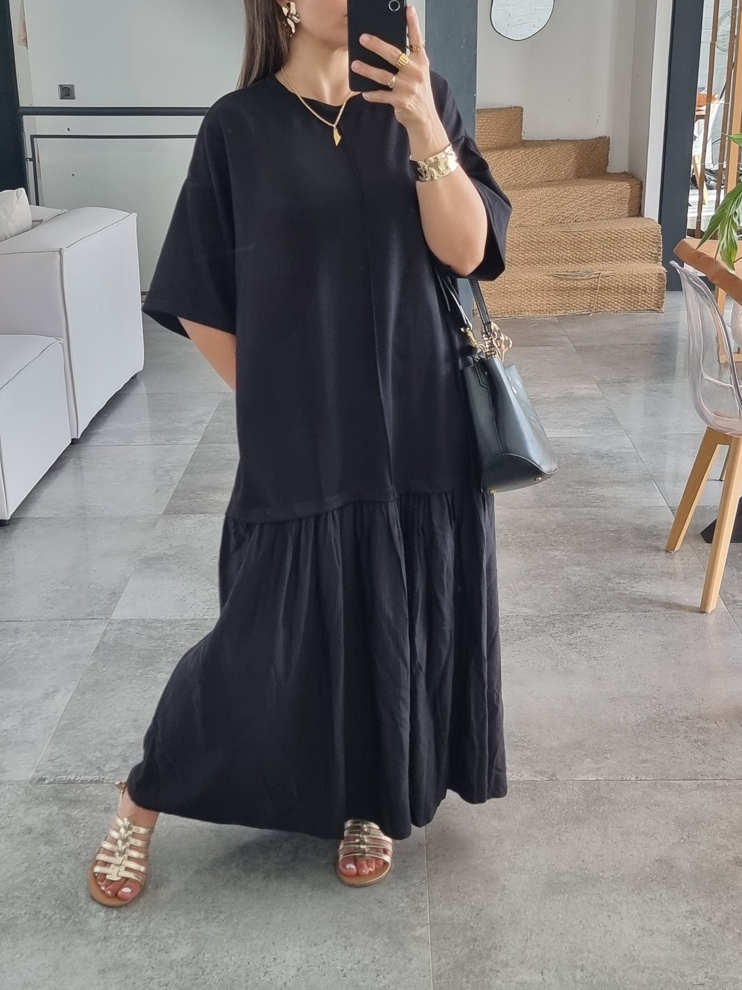 ROBE BI-MATIERE OVERSIZE MANCHES 3/4 NOIRE
