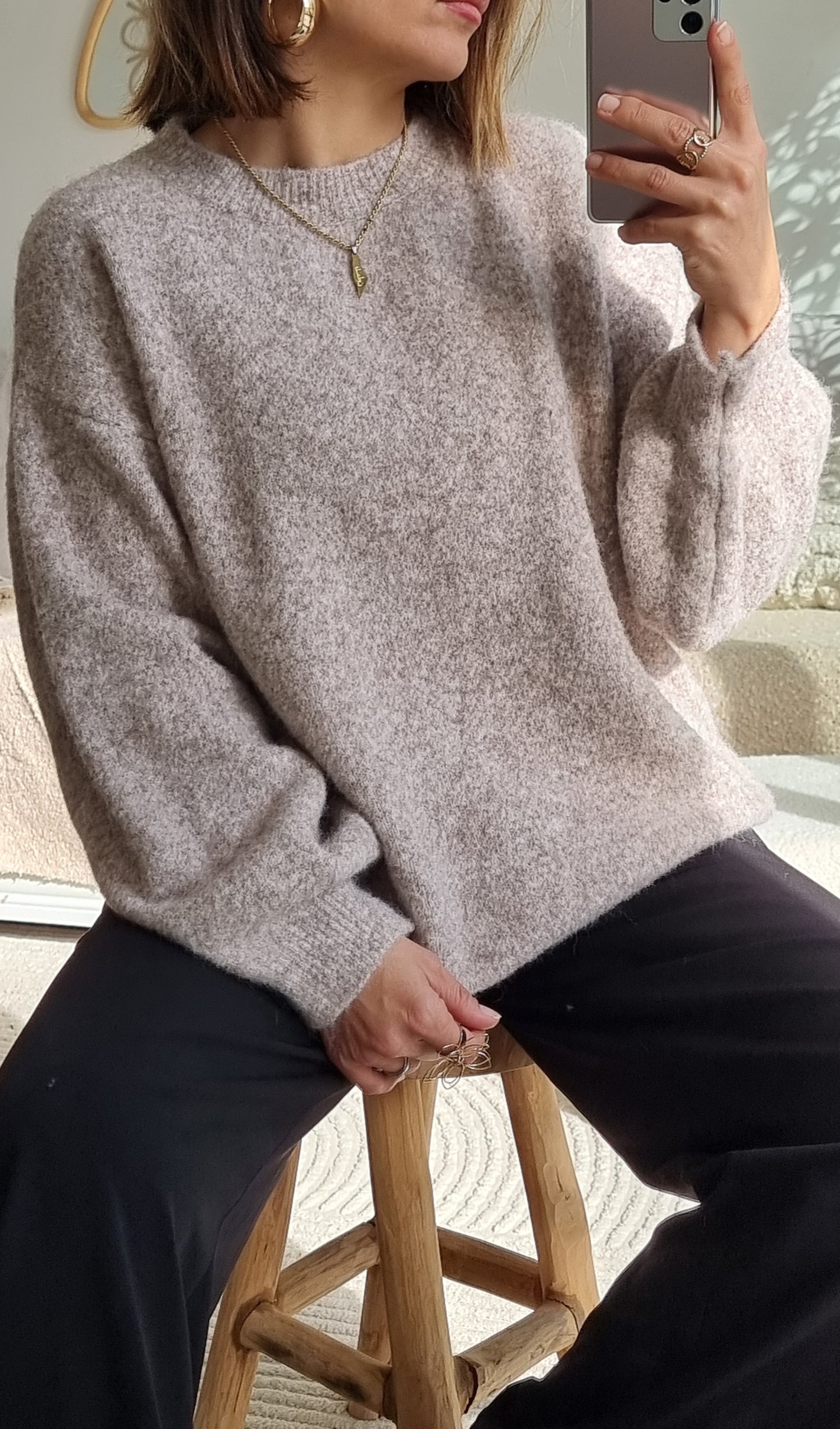 PULL LAINE COL ROND BEIGE