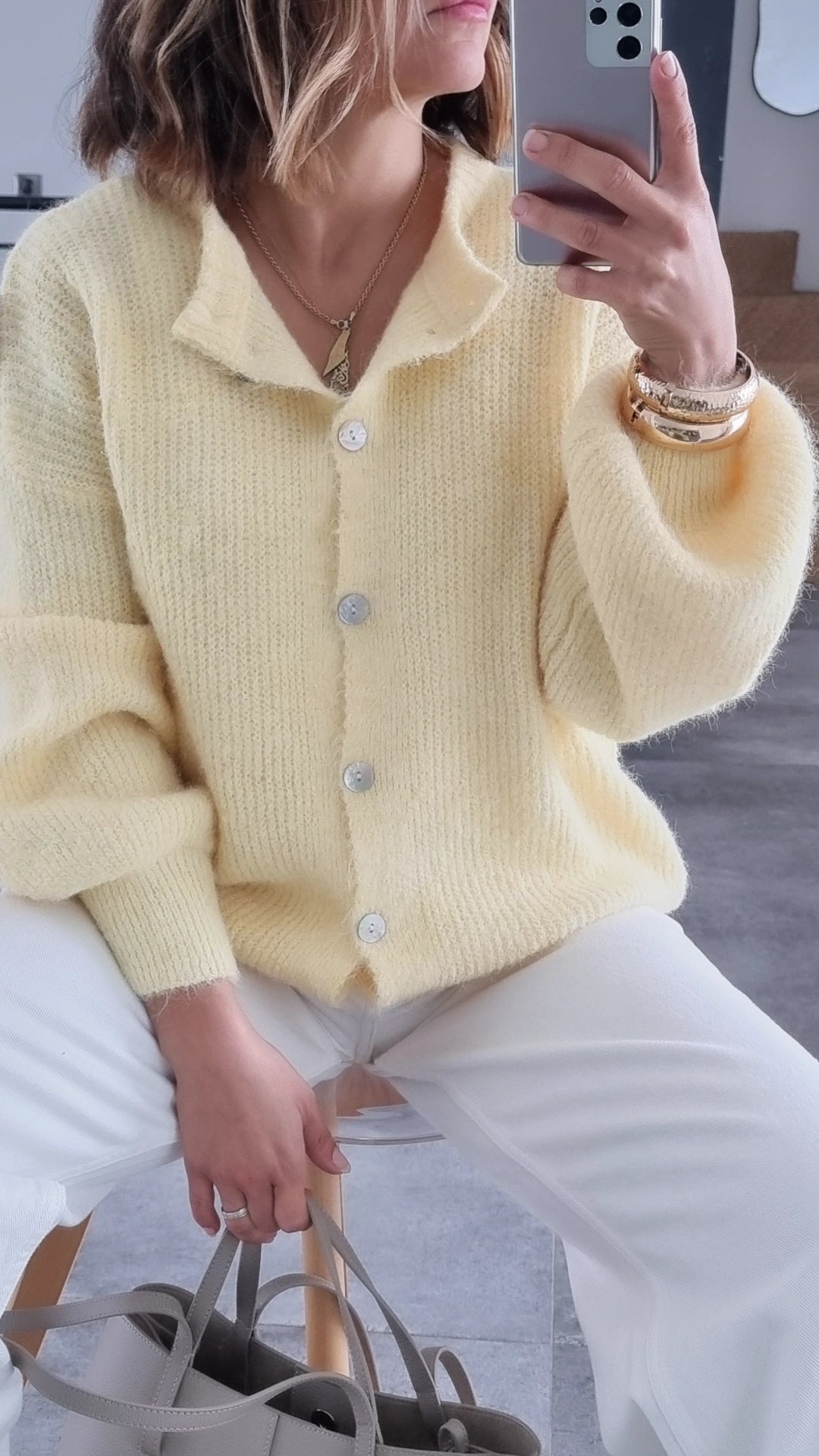 PULL CARDIGAN LAINE JAUNE
