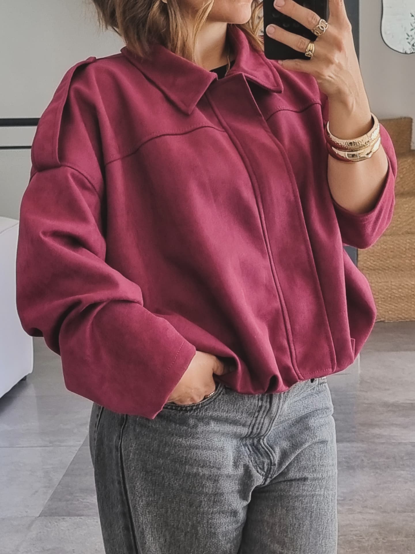 VESTE EFFET DAIM BORDEAUX