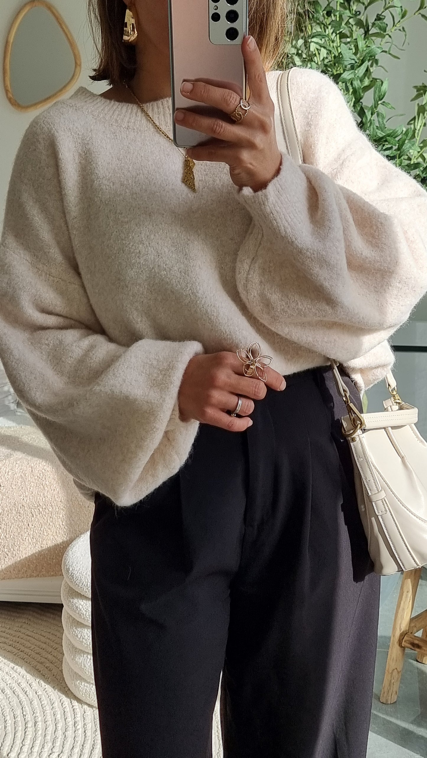 PULL LAINE COL ROND ECRU
