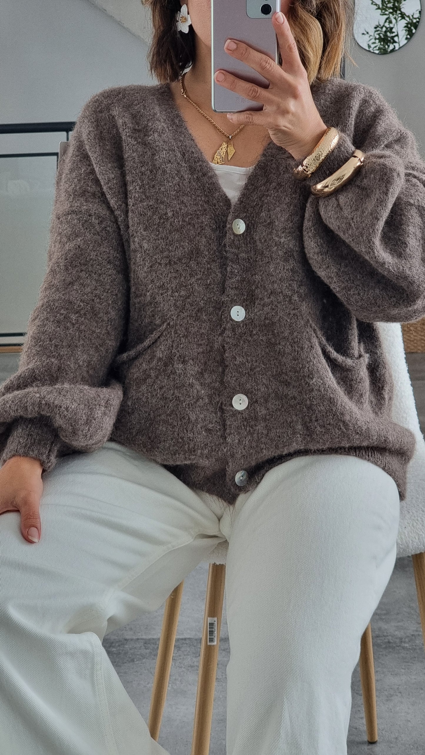 GILET COL V TAUPE