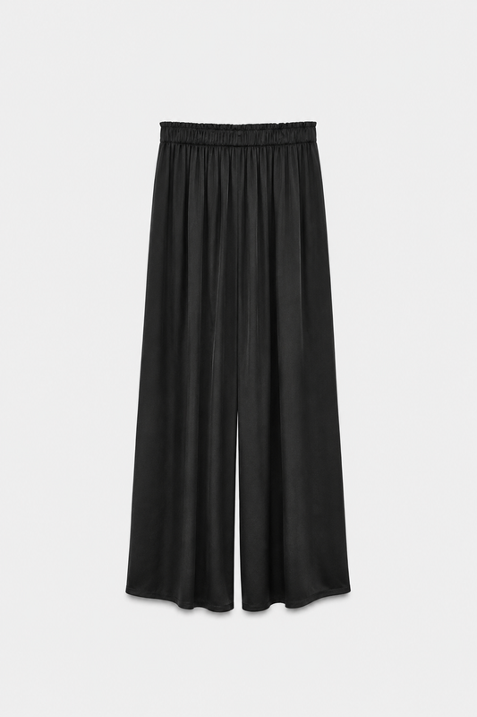 PANTALON PALAZZO SATIN DE SOIE NOIR