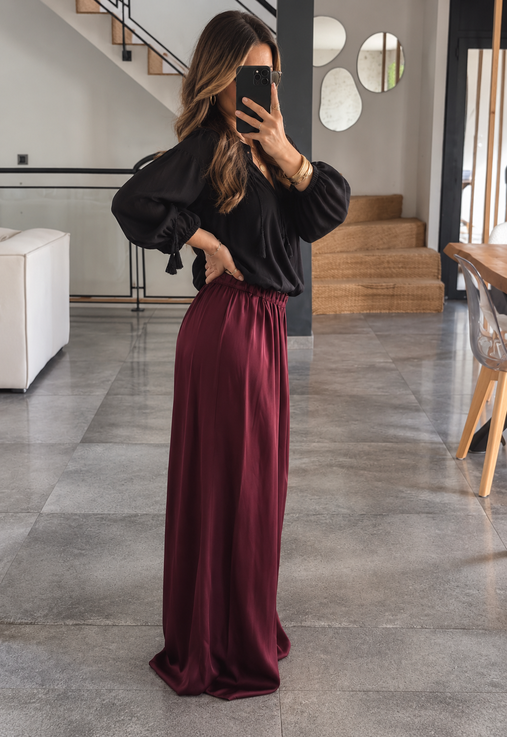 PANTALON PALAZZO SATIN DE SOIE BORDEAUX