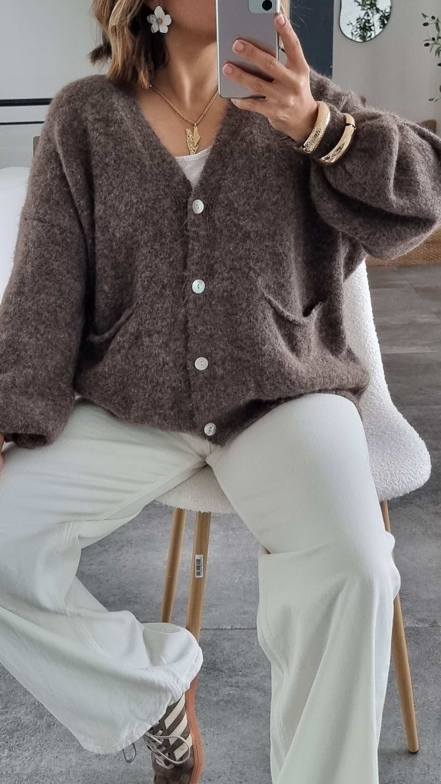 GILET COL V TAUPE