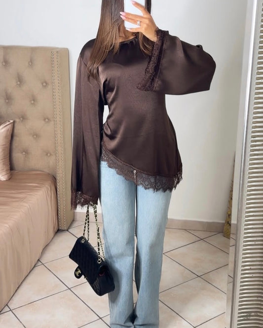 BLOUSE SATINÉE DENTELLE ASYMÉTRIQUE BEIGE