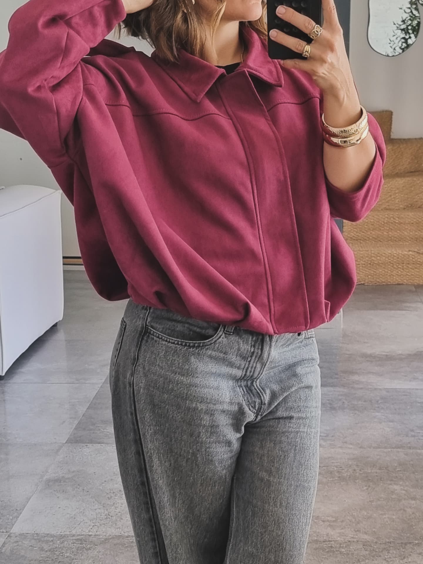 VESTE EFFET DAIM BORDEAUX