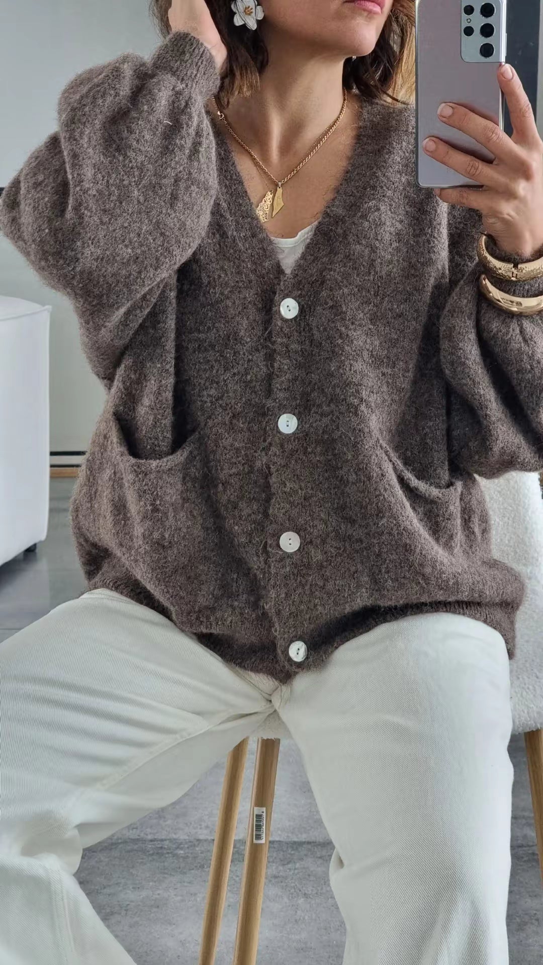 GILET COL V TAUPE