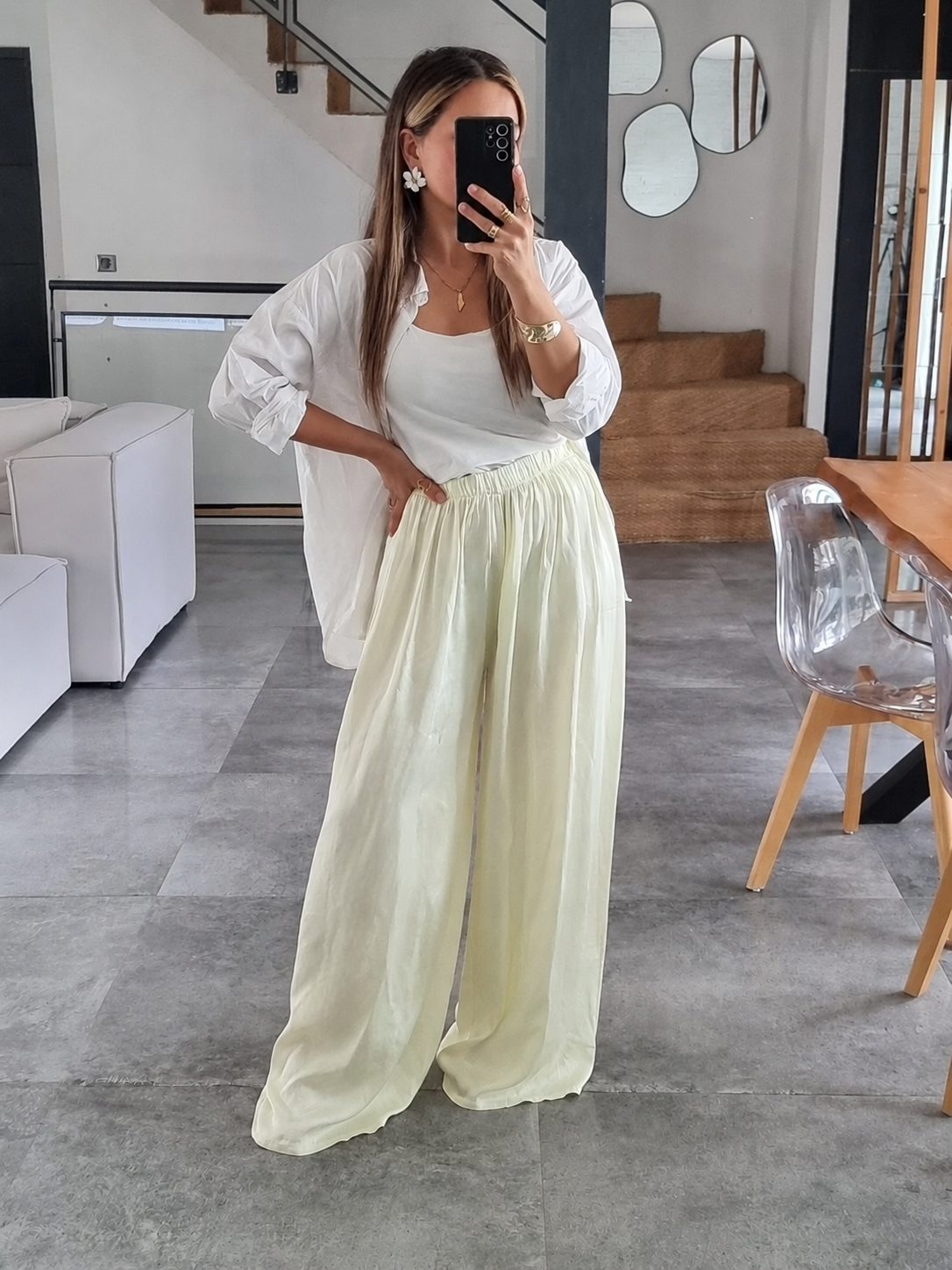 PANTALON PALAZZO SATIN DE SOIE JAUNE PALE