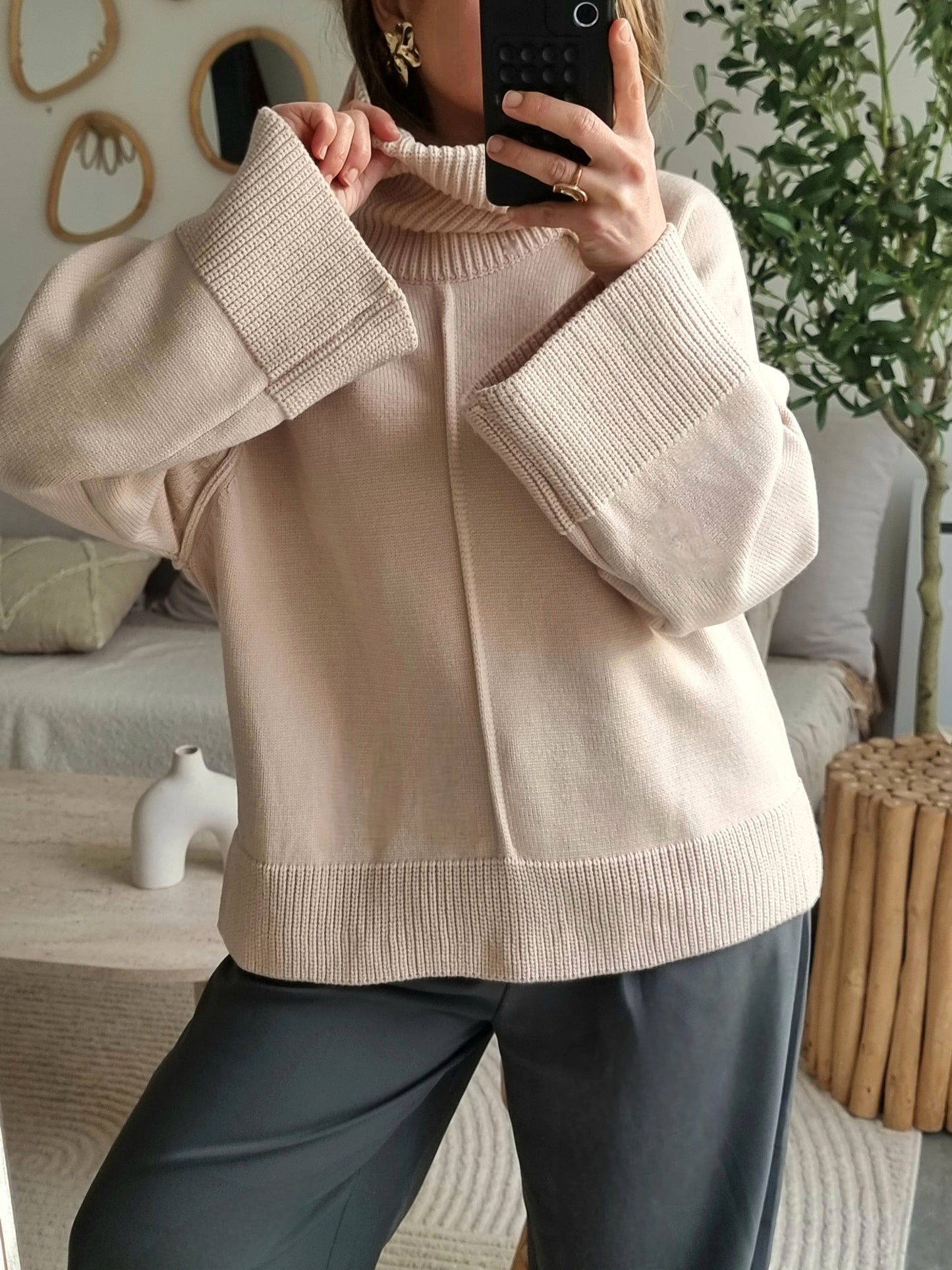 PULL OVERSIZE MAILLE COL MONTANT BEIGE