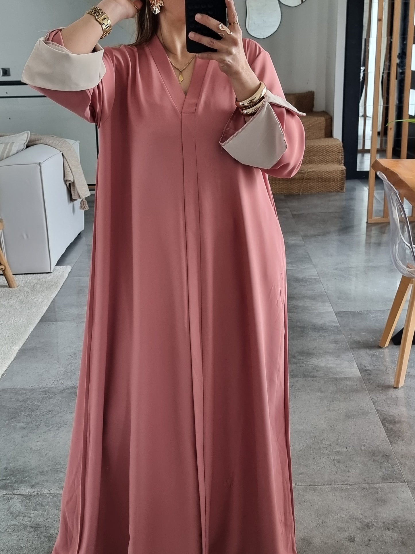 ABAYA EVASEE COL V ROSE FONCÉ