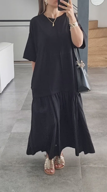 ROBE BI-MATIERE OVERSIZE MANCHES 3/4 NOIRE