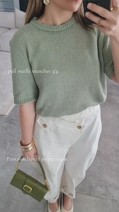 PULL MAILLE MANCHES COURTES VERT OLIVE