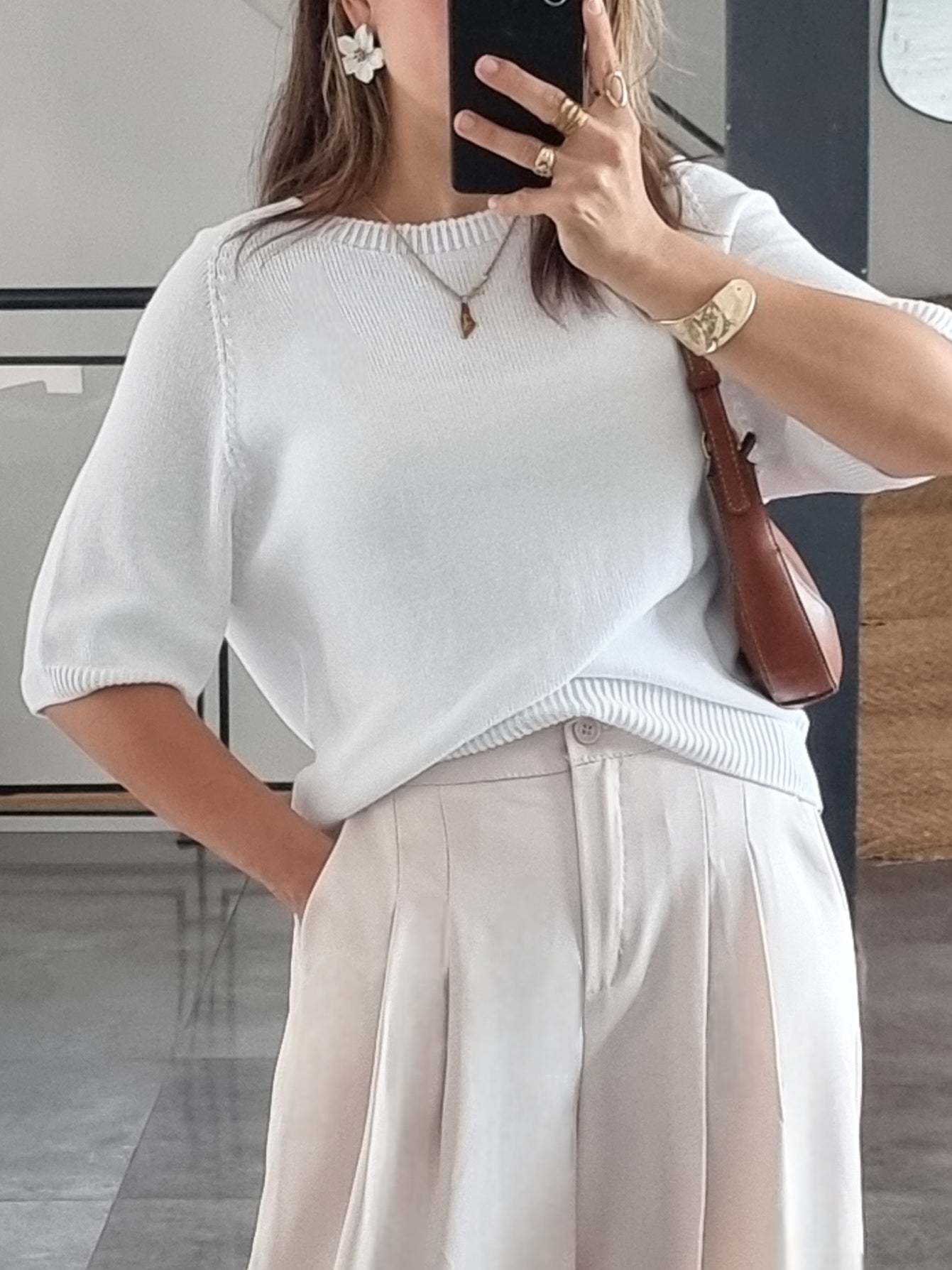 PULL MAILLE MANCHES 3/4 BLANC