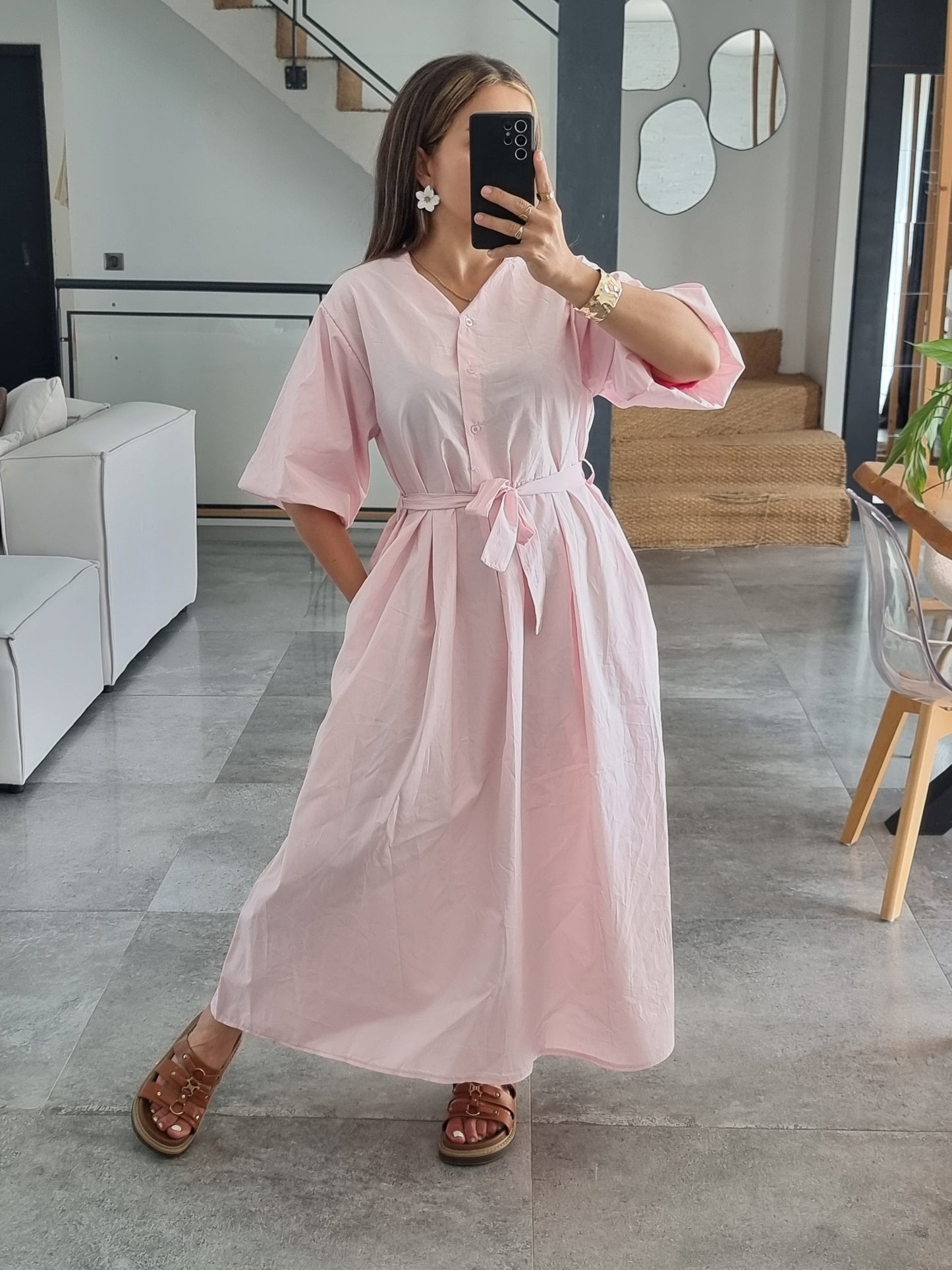 ROBE PATINEUSE MANCHES BOUFFANTES 3/4 ROSE