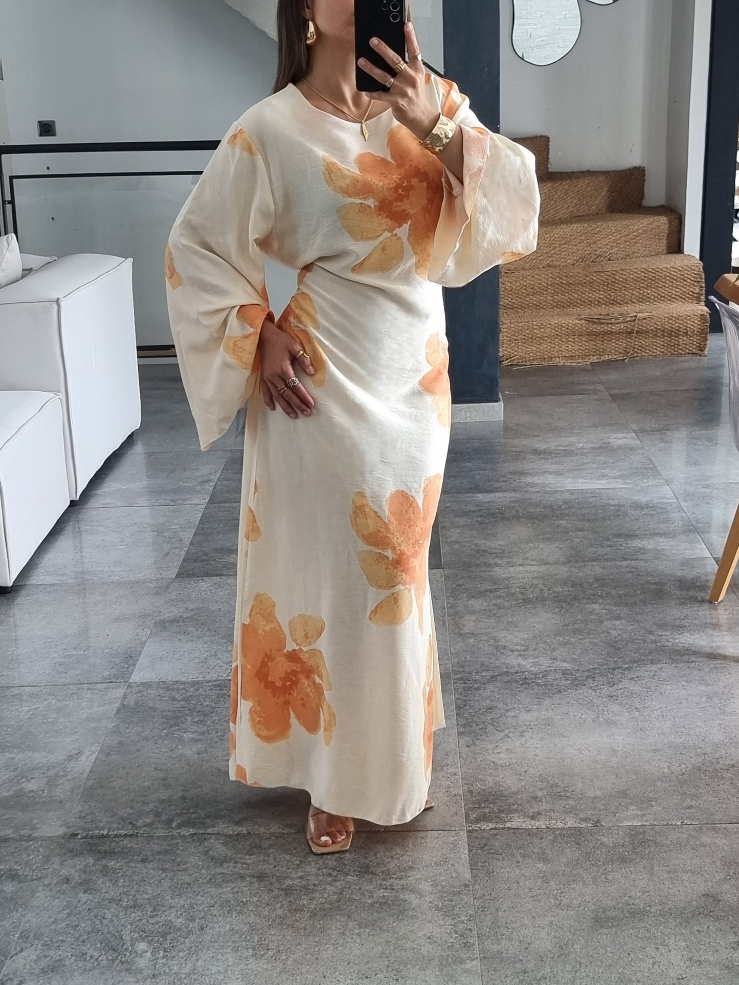 ROBE FLEURIE ORANGE EFFET LIN