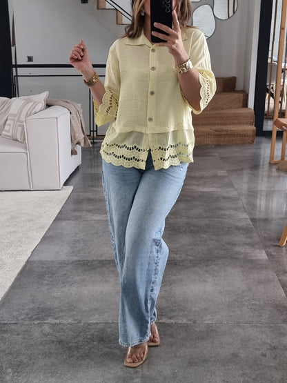 CHEMISE BRODEE MANCHES 3/4 JAUNE