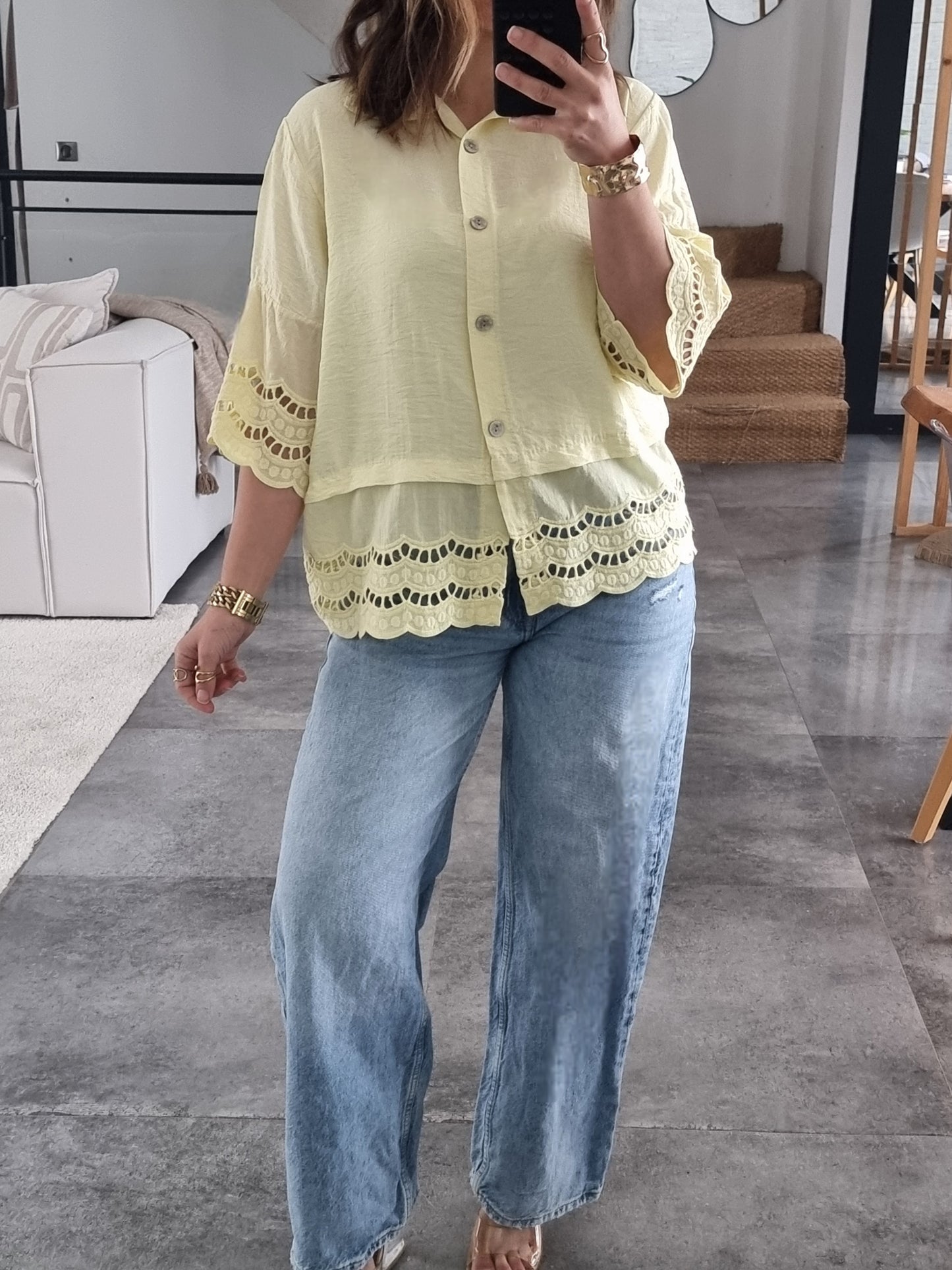 CHEMISE BRODEE MANCHES 3/4 JAUNE