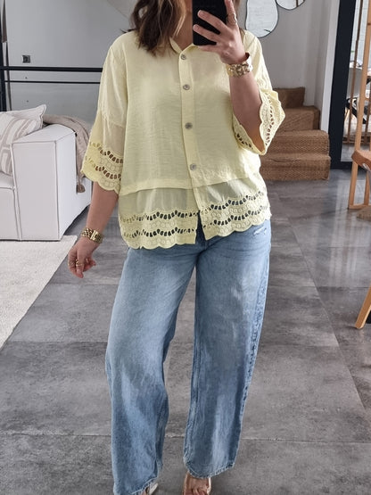 CHEMISE BRODEE MANCHES 3/4 JAUNE