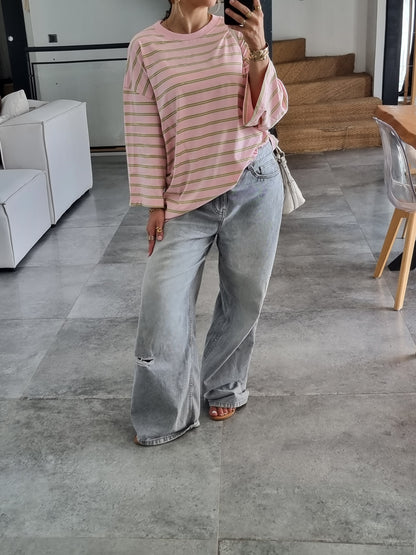 T-SHIRT OVERSIZE MANCHES LONGUES RAYÉ ROSE