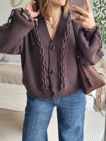 CARDIGAN MAILLE COL V MARRON