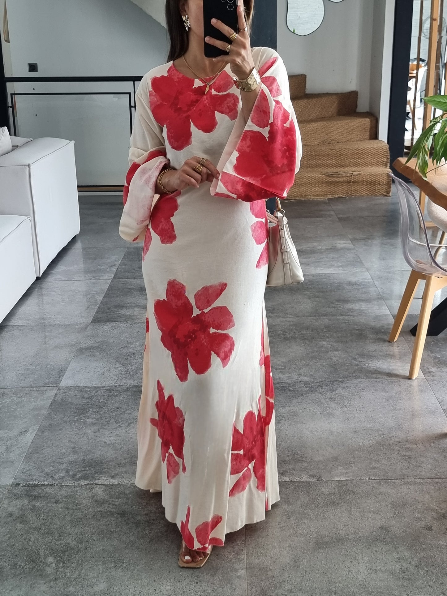 ROBE FLEURIE ROUGE EFFET LIN