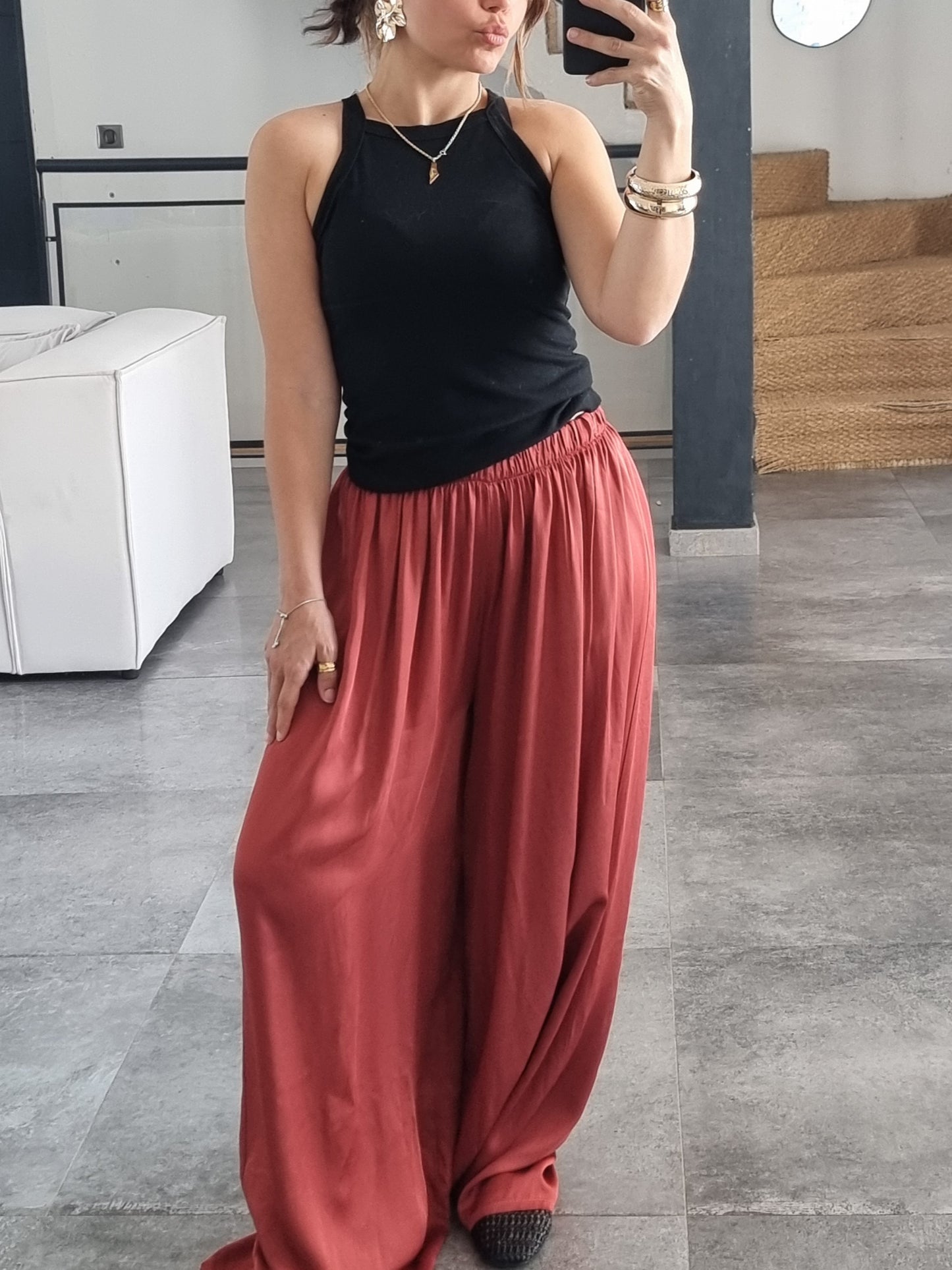 PANTALON PALAZZO SATIN DE SOIE TERRACOTA