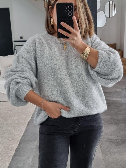 PULL LAINE COL ROND GRIS