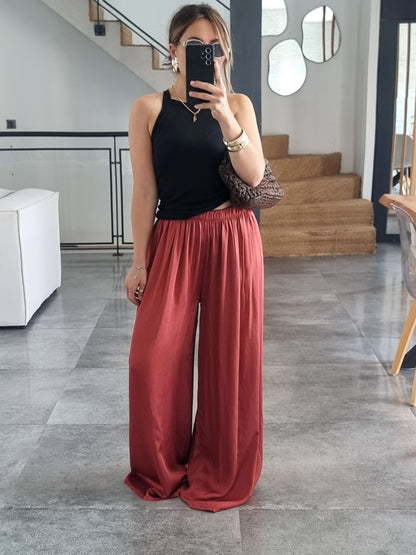 PANTALON PALAZZO SATIN DE SOIE TERRACOTA