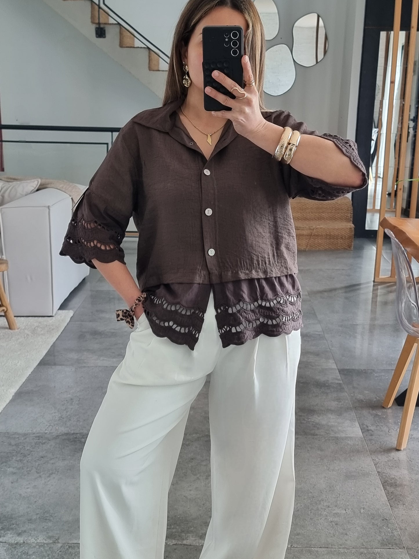 CHEMISE BRODÉE MANCHES 3/4 CHOCO