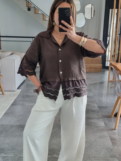 CHEMISE BRODÉE MANCHES 3/4 CHOCO