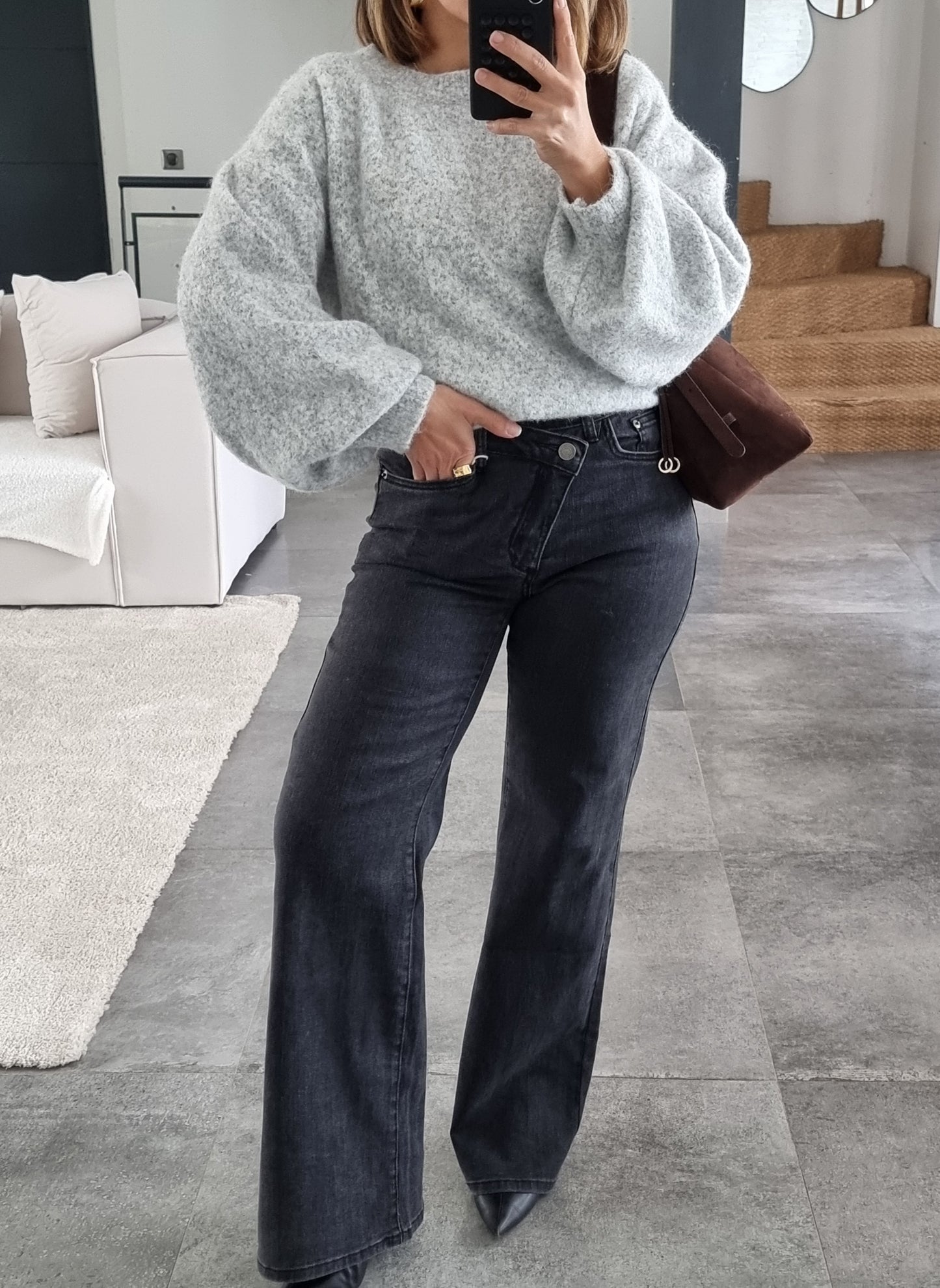 PULL LAINE COL ROND GRIS