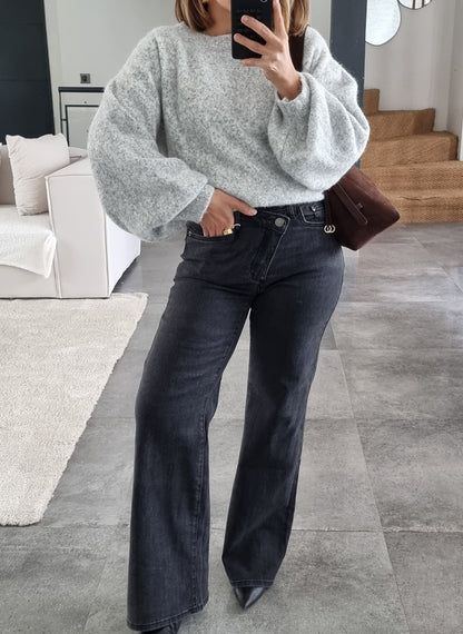 PULL LAINE COL ROND GRIS