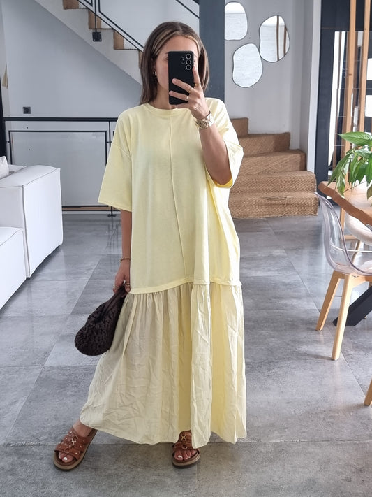 ROBE BI-MATIERE OVERSIZE MANCHES 3/4 JAUNE
