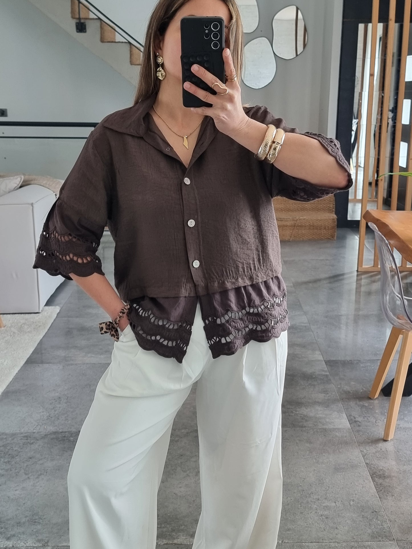 CHEMISE BRODÉE MANCHES 3/4 CHOCO