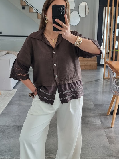 CHEMISE BRODÉE MANCHES 3/4 CHOCO