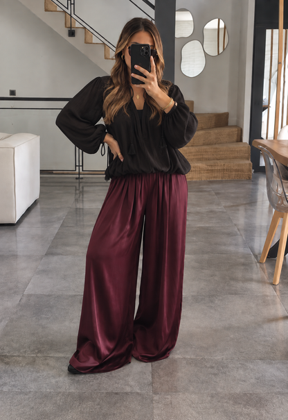 PANTALON PALAZZO SATIN DE SOIE BORDEAUX