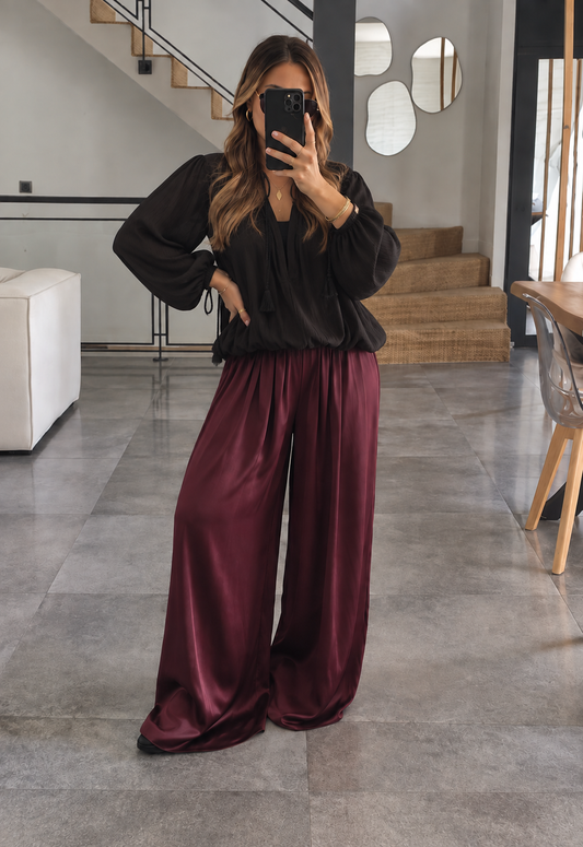 PANTALON PALAZZO SATIN DE SOIE BORDEAUX