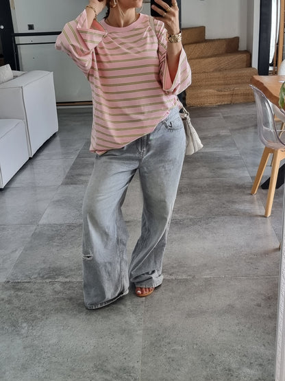 T-SHIRT OVERSIZE MANCHES LONGUES RAYÉ ROSE