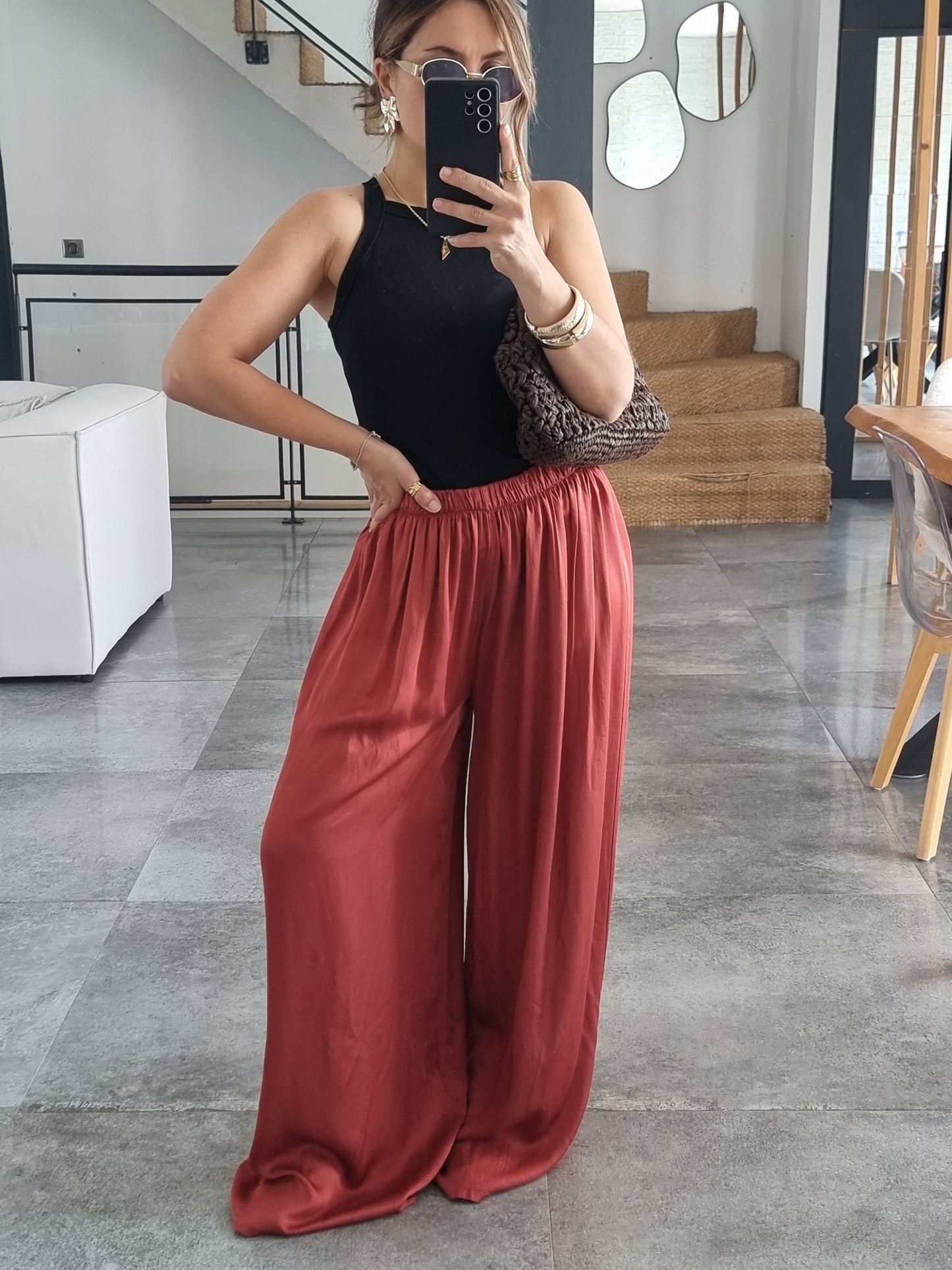 PANTALON PALAZZO SATIN DE SOIE TERRACOTA