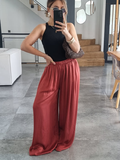 PANTALON PALAZZO SATIN DE SOIE TERRACOTA