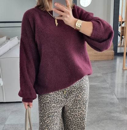 PULL LAINE COL ROND BURGUNDY