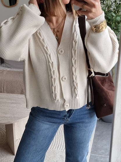 CARDIGAN MAILLE COL V ECRU